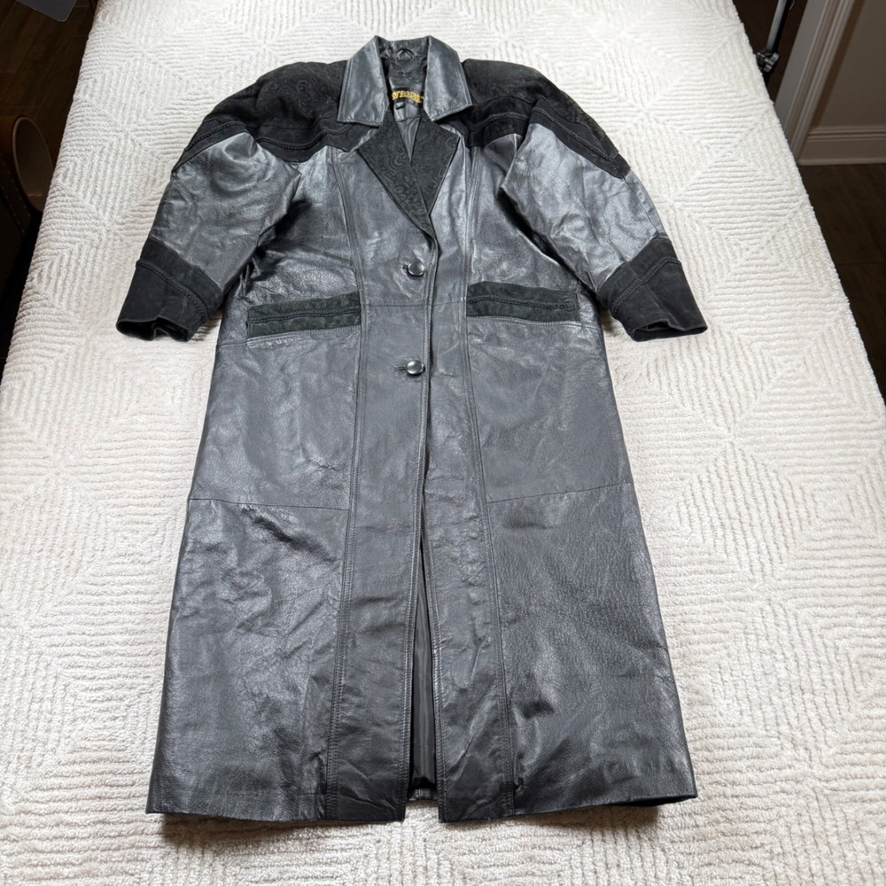 VTG 80s Fitz Wright Leather Trench Coat Women S Black Western Paisley Goth Biker